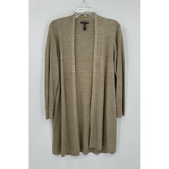 EILEEN FISHER cardigan sweater tunic 100% organic linen lightweight tan LARGE - Picture 1 of 8